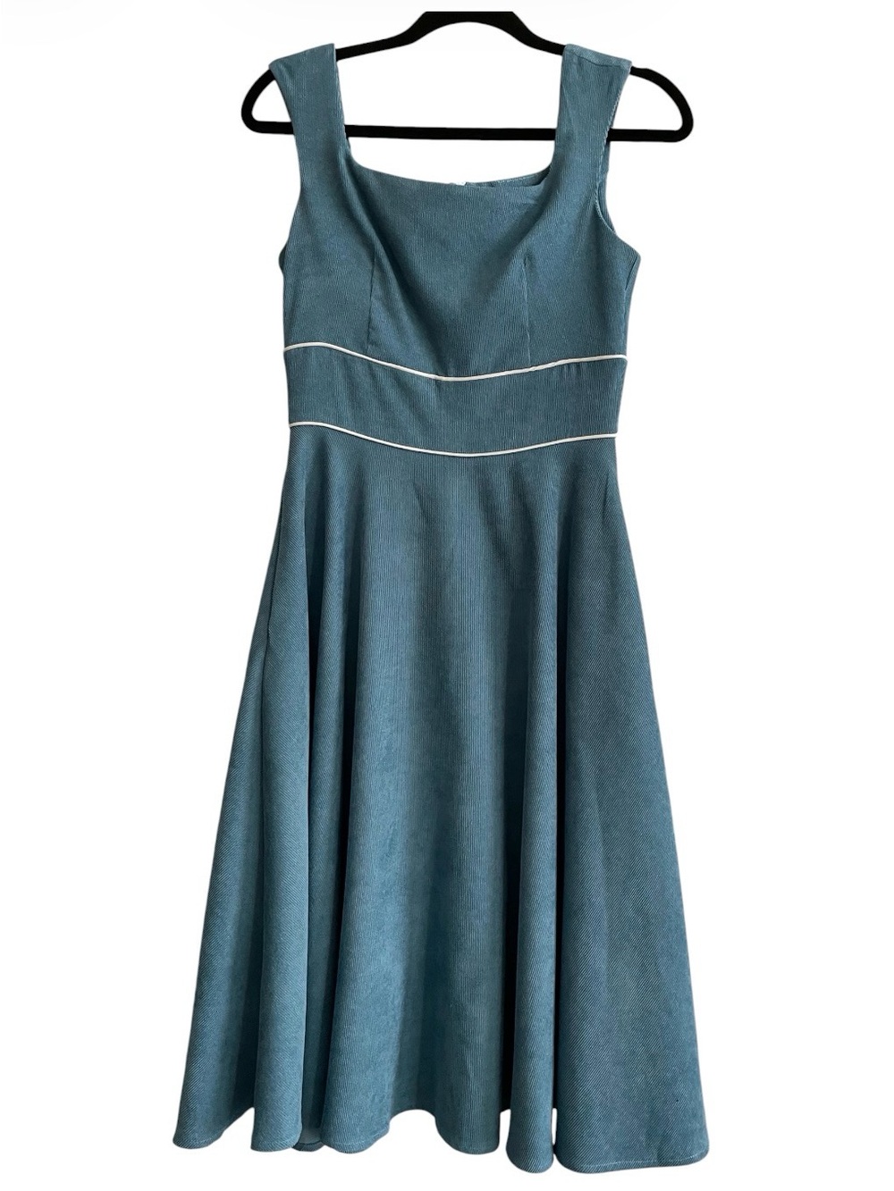 Sleeveless Teal A-Line Dress with White Piping